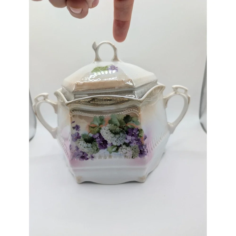 Antique Germany Porcelain Lidded Sugar Bowl Purple Violets Hydrangea Gold Luster
